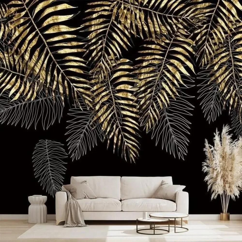 NEW Botanical Black & Gold Palm Leaves Photo Fabric Wall Mural 160